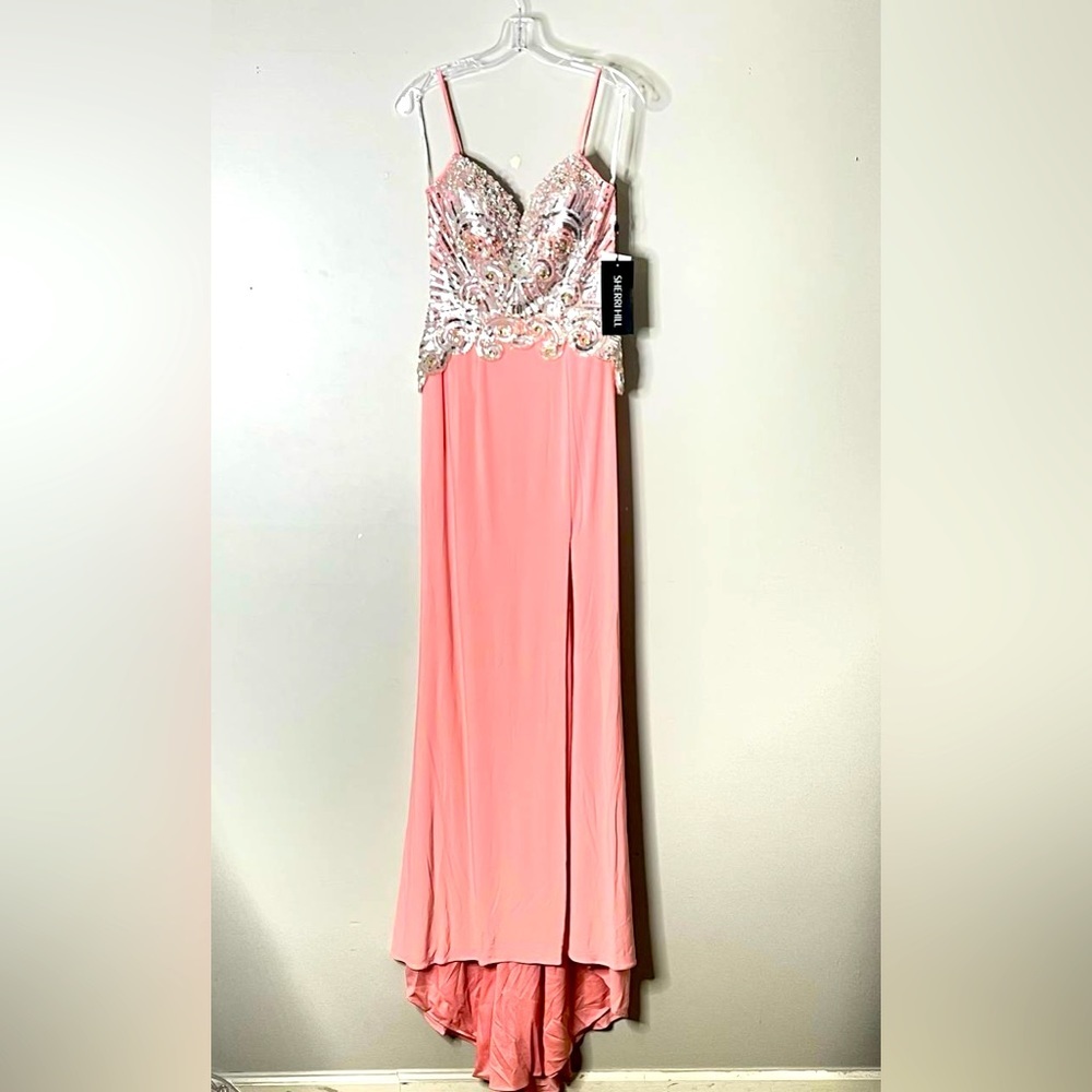 Sherri Hill Beaded Coral/Silver Front Slit Evening Gown Sz 4 NWT Prom Gala